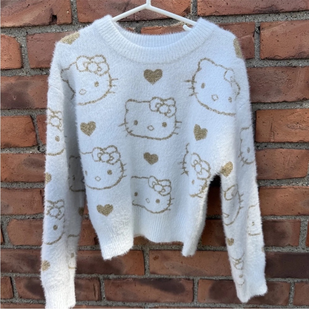 Hello Kitty Soft White & Gold Patterned Sweater – Girls Size Small (6/6X)